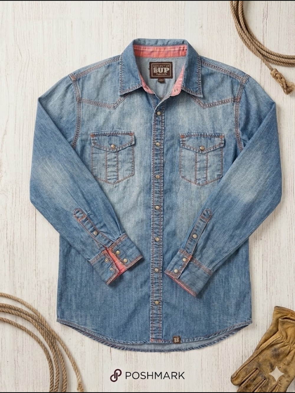 Cowboy Up Women’s Distressed Western Denim Snap Front Shirt